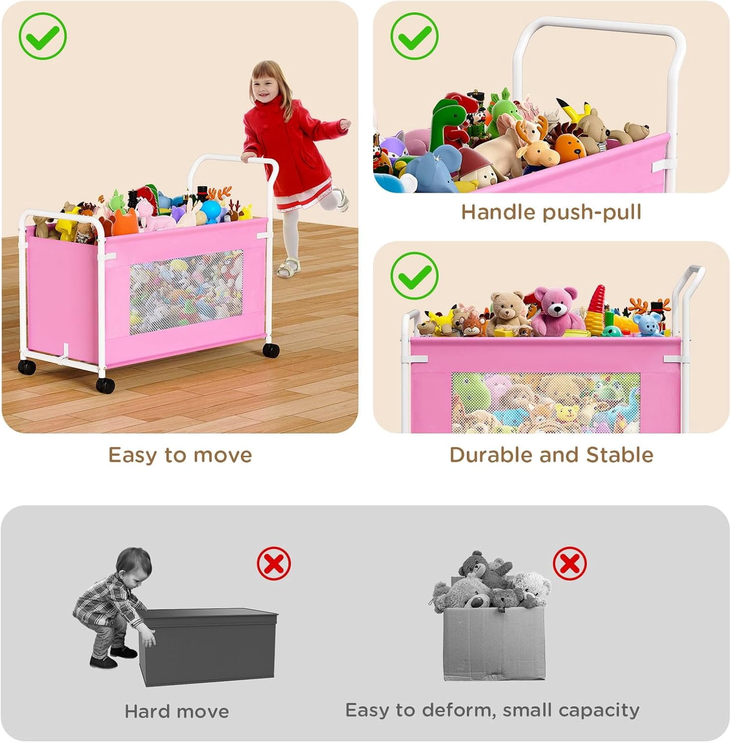 Extra Large Toy Box for Kids with 360° Rotating Wheels, Heavy Duty Toy Chest for Boys and Girls, Toy Storage Organizer for Kids, Toy Bins for Living Room, Nursery, Bedroom (Pink)