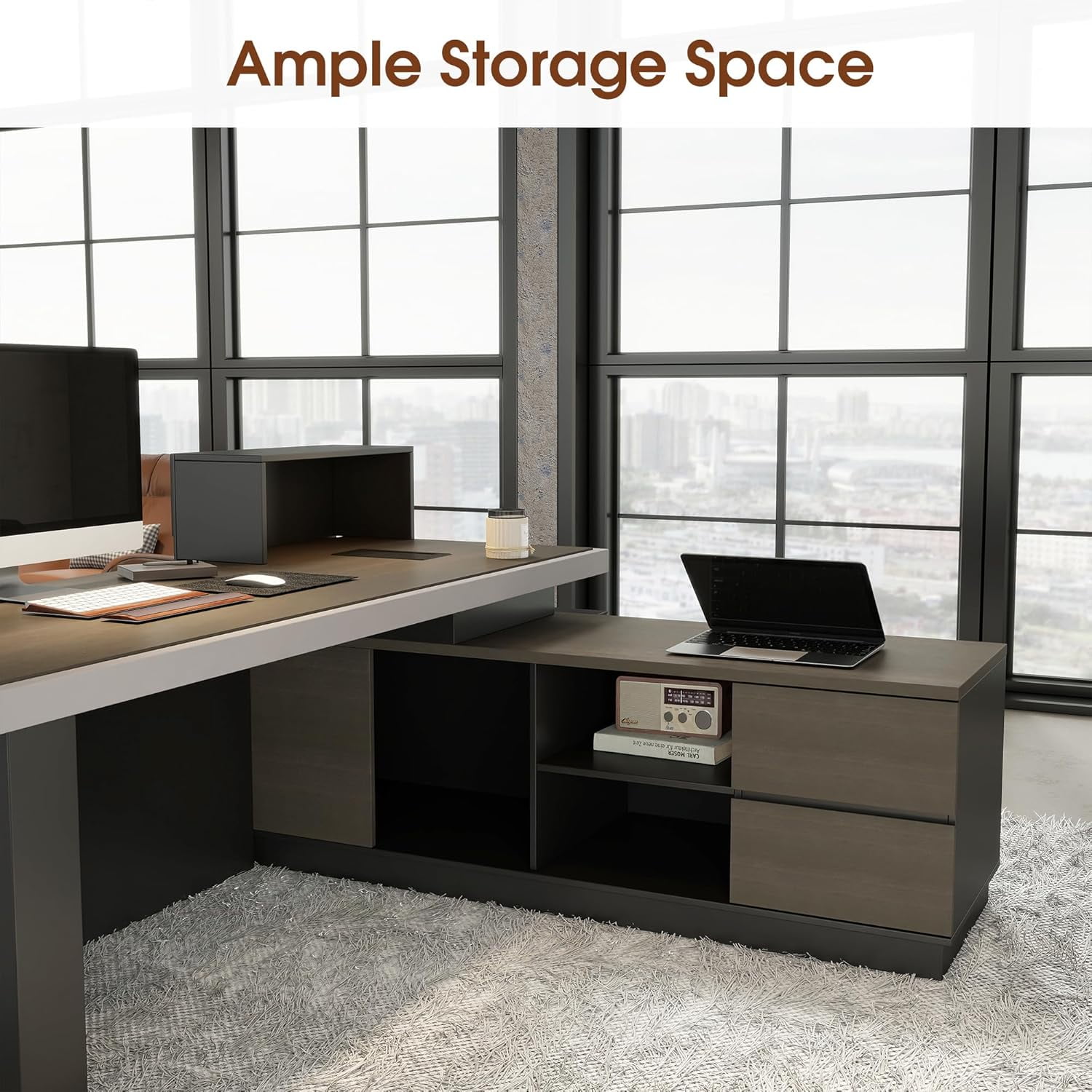Vivvoo 78.7" Black  L Shaped Executive Desk with Drawers Light for Home Office(Right Return)