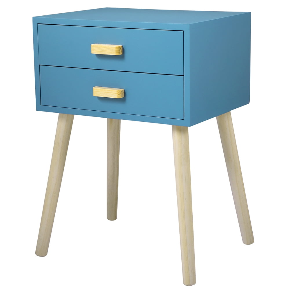 Kadyn Mid-Century Side Table, 2-Drawer Nightstand, Accent or End Table with Storage, Wood, Blue-1PCS