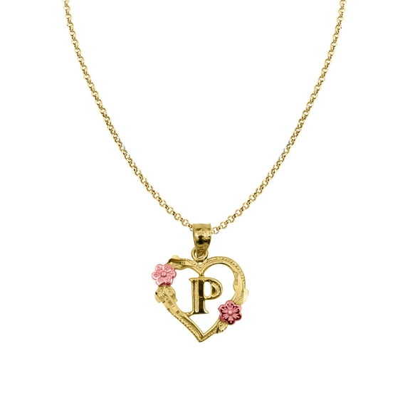 Genuine 14k Two-tone Gold 0.66" Floral Heart Initial P Pendant Necklace 16", 18", 20", 22" Trendy Charm Initial Necklaces for Women