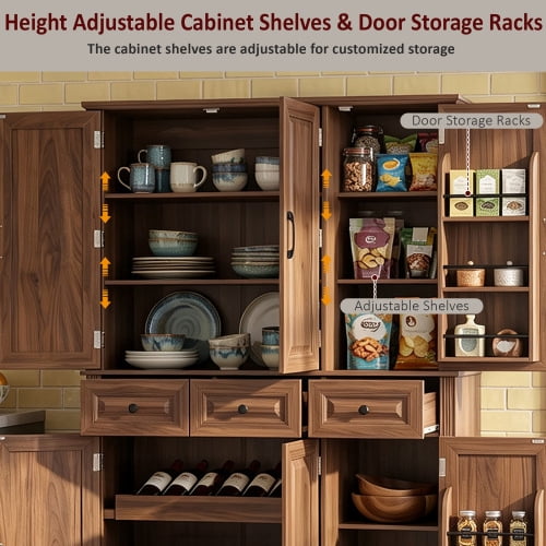 72" Tall Farmhouse Kitchen Pantry Cabinet with 3 Pull-Out Trays & 6 Door Racks, Walnut Brown