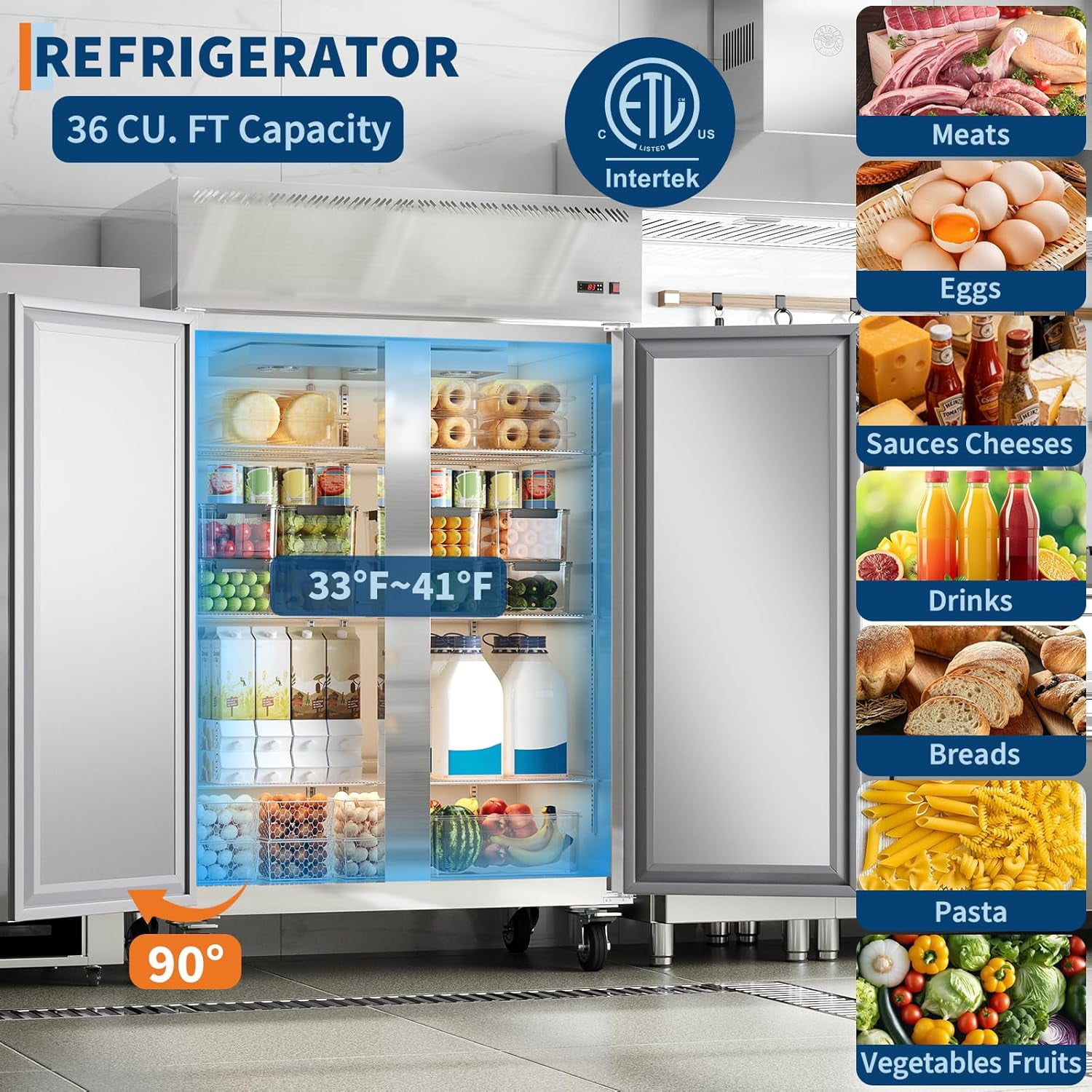 IdealHouse Commercial Refrigerator Reach-In 48" W Double Solid Door Stainless Steel Commercial Refrigerator 36 Cu.Ft Fan Cooling for Restuarant, Bar, Shop, Etc