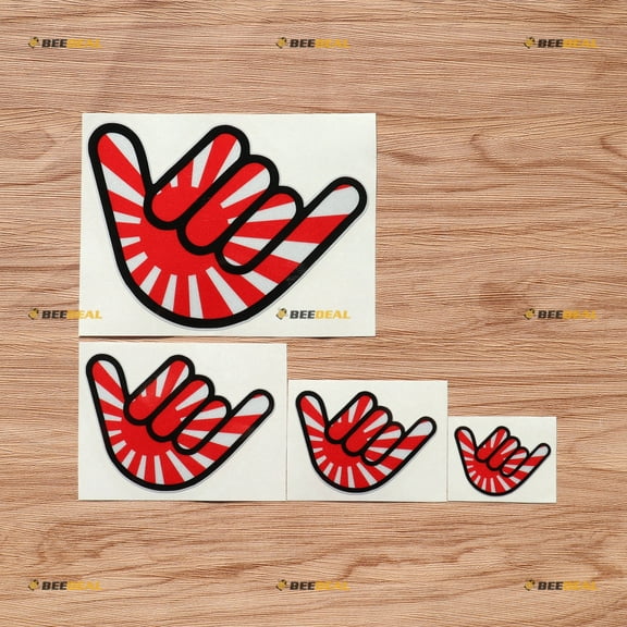 Shaka Hang Loose Japanese Rising Sun Decal Vinyl Sticker - 4 Pack Reflective, 2 Inches, 3 Inches, 4 Inches, 6 Inches - for Car Boat Laptop Cup Phone