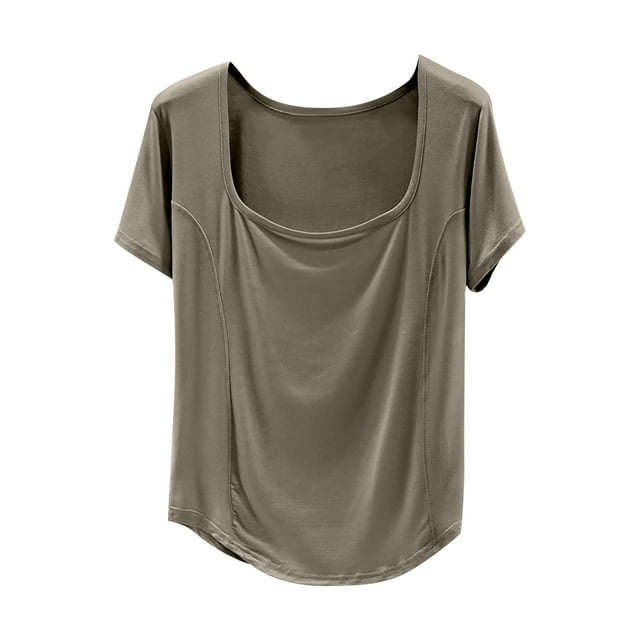 Camiseta de Manga Corta Mujeres Moda de Verano Yoga Casual Cuello Cuadrado Delantero Hombro Recto Cuello Redondo Superior