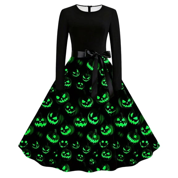 Iyufng Womens Halloween Glowing Pumpkin Long Sleeve Dresses with Black Sash Bow Flared Midi Dress Vintage Party Costume