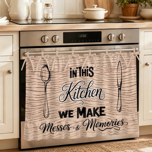 Oven Skirt Curtain for Kitchen 20x27 Inch, Spoon Knife Kitchen Oven Curtain with 8 Ribbon Ties & Ruffle Trim, Stove Skirt Curtain Dishwasher for Cabinets Over Sinks Farmhouse Beige Wooden Grain