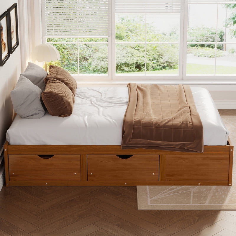 Queen/King Size No Box Spring Required Platform Bed with No Headboard, Wooden Storage Bed Frame with 6 Drawers