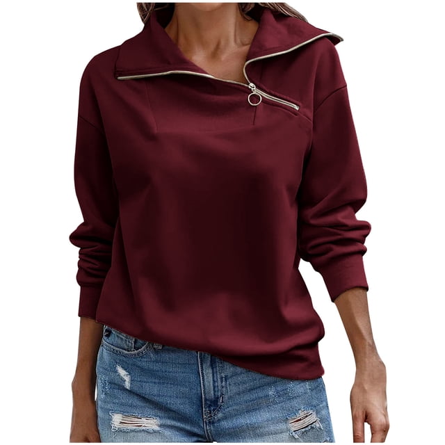 KIHOUT Hauts pour Femmes Printemps Hiver Mode Décontractée Hauts Manches Longues Uni Ample Col Roulé Chandail à Fermeture Éclair Chandails