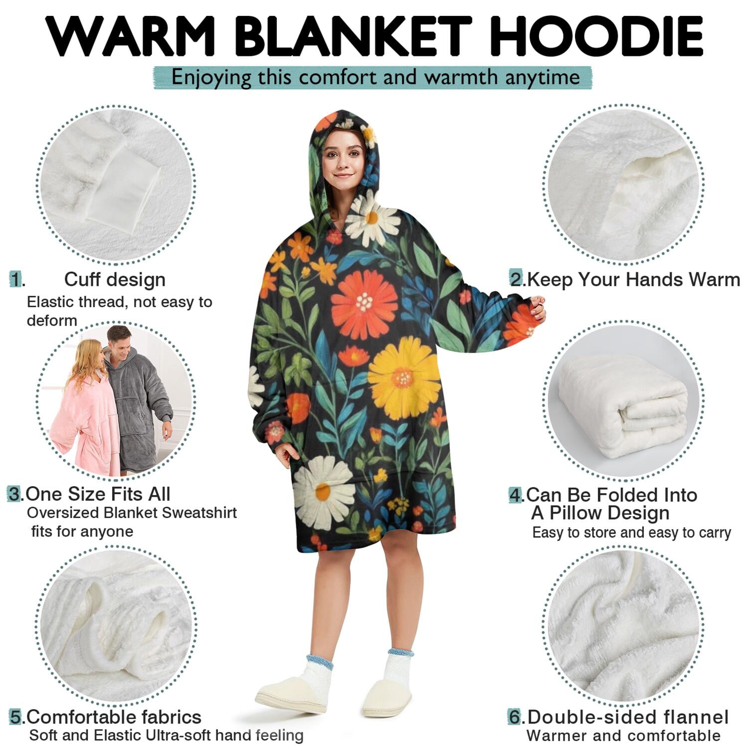 Wearable Oversized Blanket,Pioneer Flower Floral Print Pattern Wearable Blanket Hoodie for Adults,Cozy Hooded Blankets with Super Pockets,Super Warm Fuzzy Pullover for Women & Men