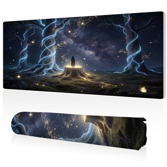 LIVEKEY Extra Large Mouse Pad 80x40x0.3cm Mystical Night Forest Guardian Silhouette with Glowing Trees Design Full Desk Coverage Non Slip Durable Easy Clean Stitched Edges for Gaming and Office