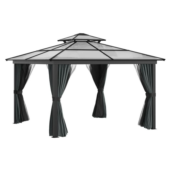 10x10 Hardtop Gazebo Outdoor Aluminum Shelter - Black Polycarbonate Canopy with Netting & Curtains