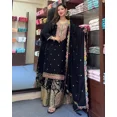 thumbnail image 4 of Indian Bollywood Top Sharara Dupatta Set Heavy Chinon Silk Designer Salwar Suit Round Neck 40, 4 of 5