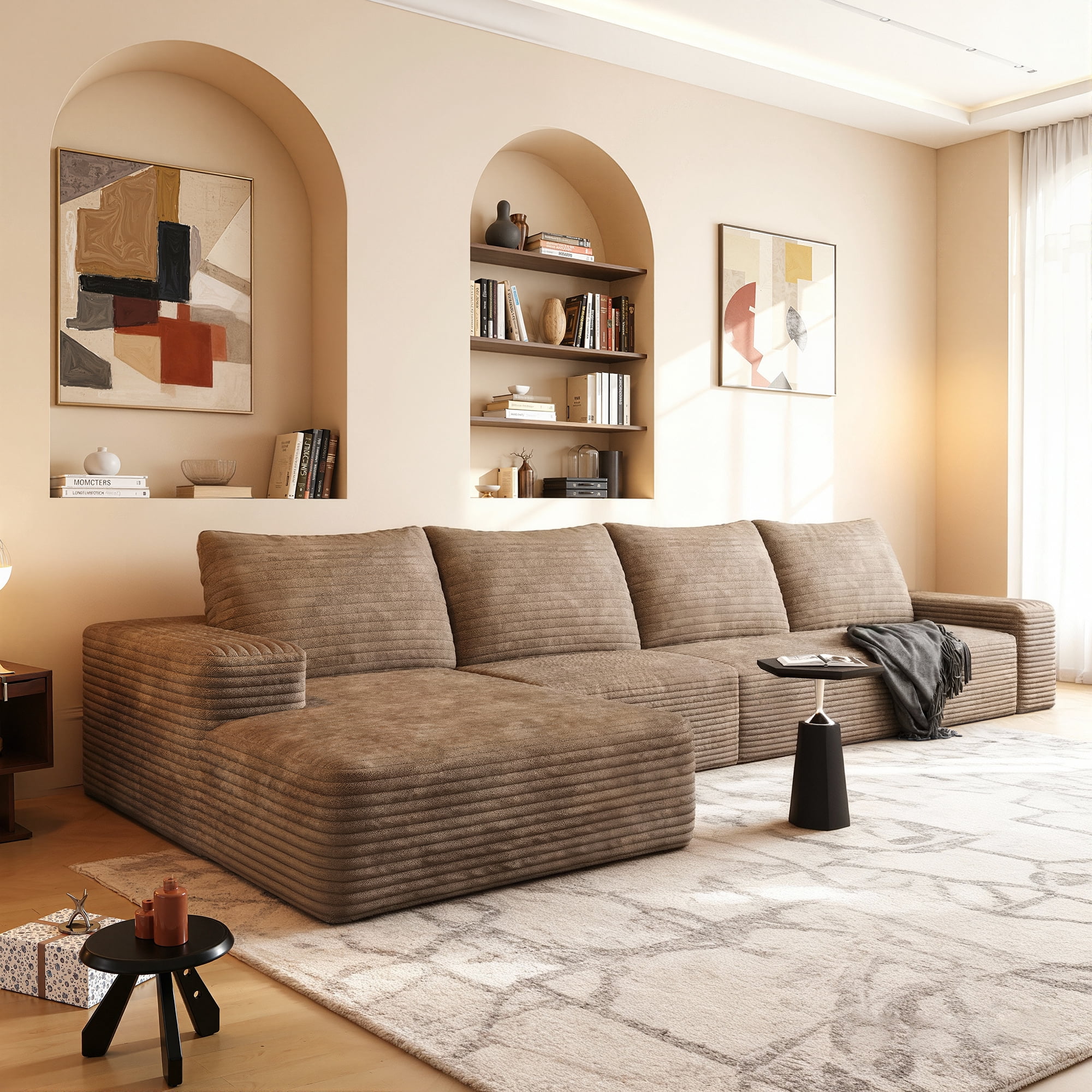 MAYEERTY 135" Cloud Sectional Couch with L-Shape Chaise, Modern Modular Deep Seat Sofa, No Assembly Plush Corduroy Fabric, Camel (3 packages)