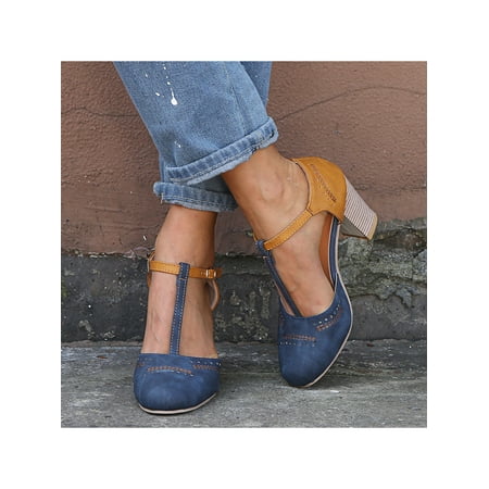 

UKAP Womens Comfort Ankle Strap Sandals Vintage Block Heel Pumps Size 5-10