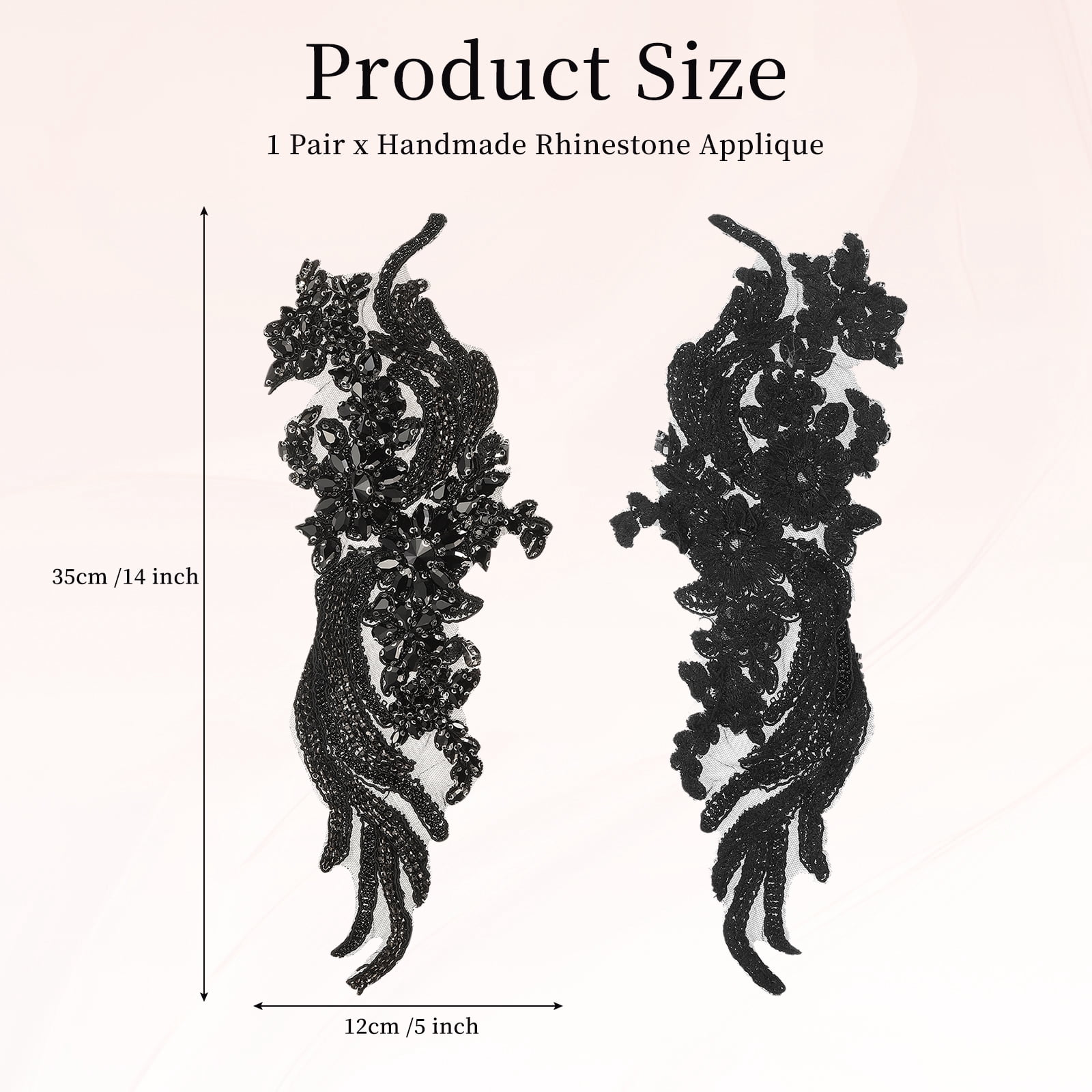 Uxcell 1 Pair Handmade Rhinestone Applique Patch, 14" x 5" Beaded Embroidery Sequin Patches for Sew on Wedding Dress Cloth DIY Crafts Decoration, Black