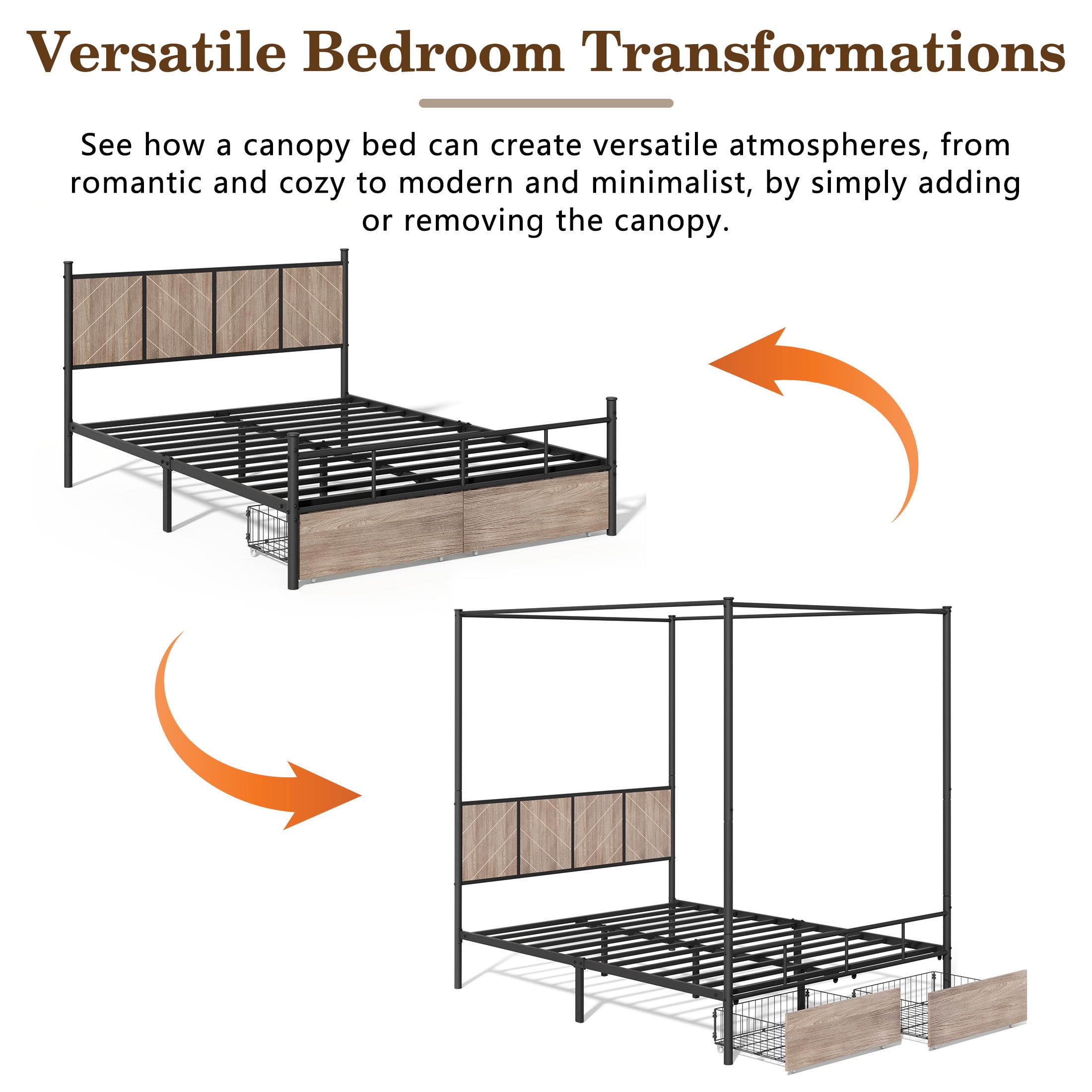 HSUNNS Queen Bed Frame, Queen Size Canopy Bed Frame with 2 Storage Drawers, Wooden Headboard and Footboard, Metal Platform Bed with Under-Bed Storage, No Box Spring Needed, Black+Brown