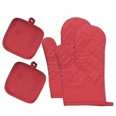 Oven Mitts and Pot Holders Sets, Heat Resistant Kitchen Oven Gloves, Non-Slip Silicone Surface, Extra Long Flexible Thick Mitts for Kitchen , Cooking , Baking , BBQ , Black, 4 Pieces