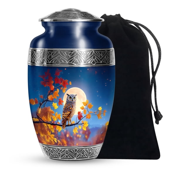 JAGASY Owl Large Urn for Parent, Blue Urn for Ashes Adult Male, Memorial Urns for Human Ashes Keepsake, Night Moon Autumn Tree Decorative Urns for Mother & Father, (1 Large, 10"; 4 Small, 3")