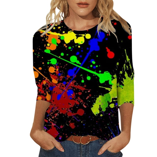 WEAIXIMIUNG T-Shirt Quotidien d'Été pour Femmes, Col Rond, Manches Longues, Imprimé Floral, Fendu sur le Côté