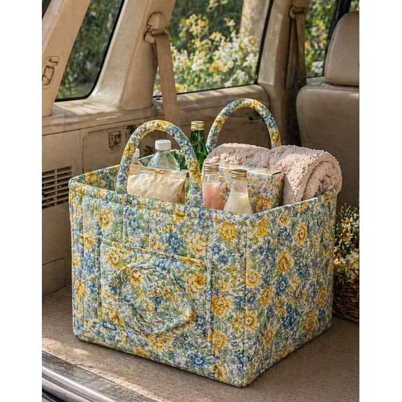 Car Storage Basket Organizer, Large Capacity Foldable Bin with Handles, Quilted Floral Fabric, for Trunk Front Seat Groceries Toys,12.6x10.2x9.8(#01)