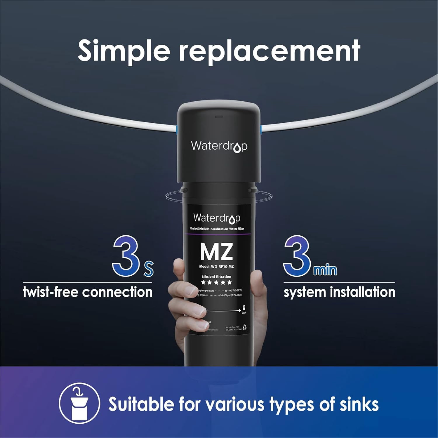 Waterdrop RF10-MZ Replacement Filter Cartridge For 10UB-MZ/10UA/10UB Under Sink Water Filter