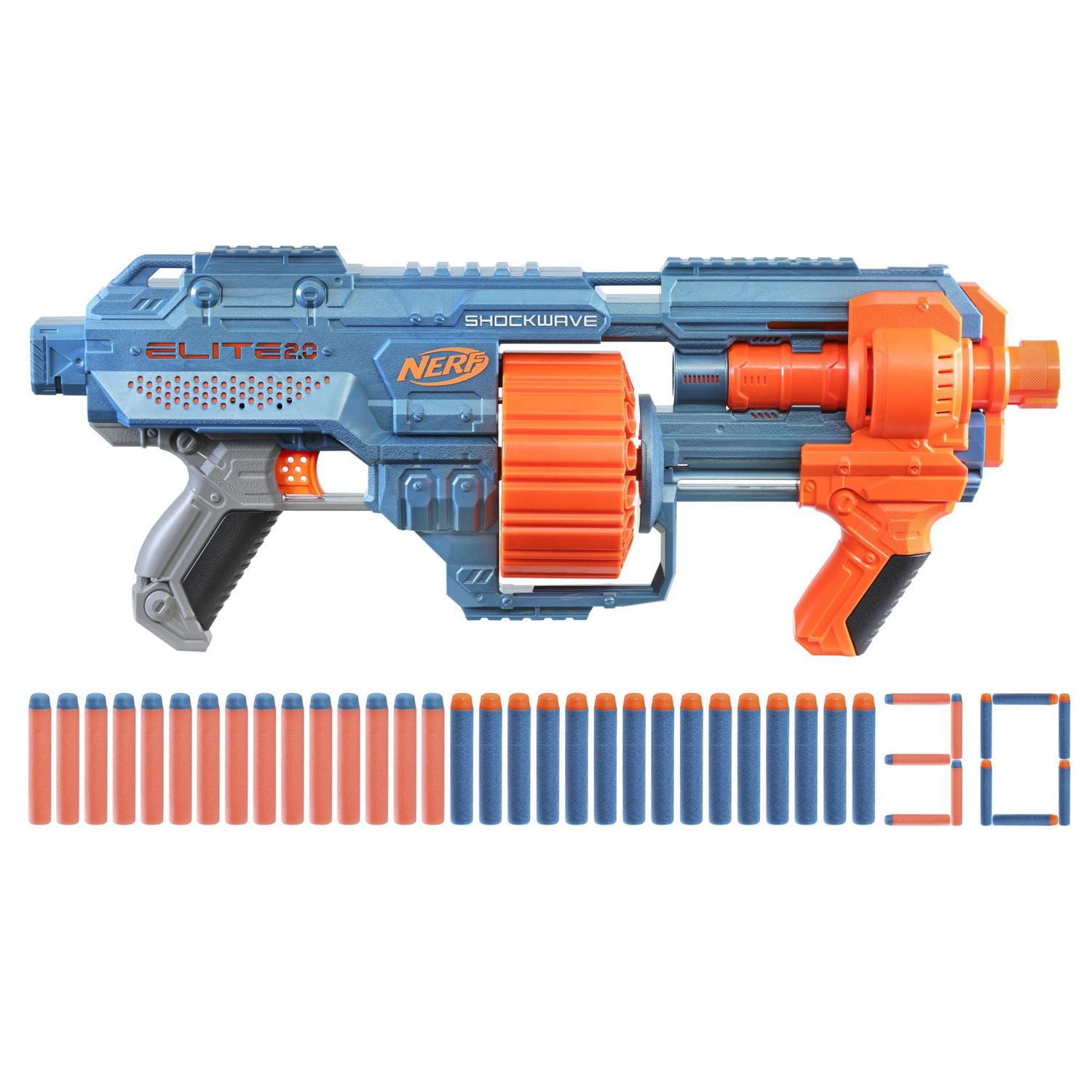 Nerf Elite 2.0 Shockwave RD-15 Blaster, 30 Nerf Darts, 15-Dart Rotating Drum, Pump-Action Slam Fire, Built-In Customizing Capabilities