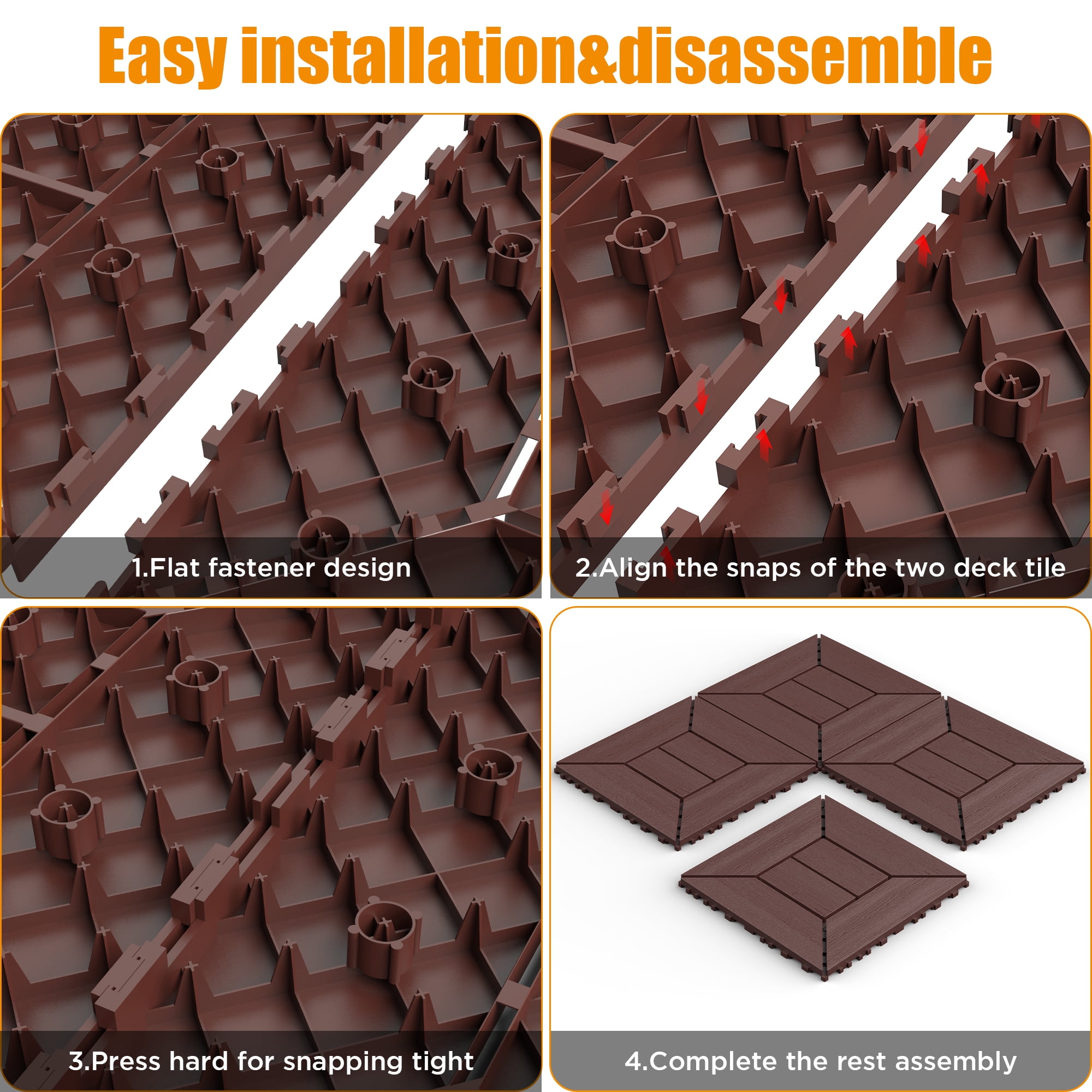 12 Inch Balcony Deck Tiles 44 Pieces Brown DIY Interlocking Floor Tiles PP Indoor Outdoor Patio Tiles for Poolside Balcony Backyard Easy Quick Installation
