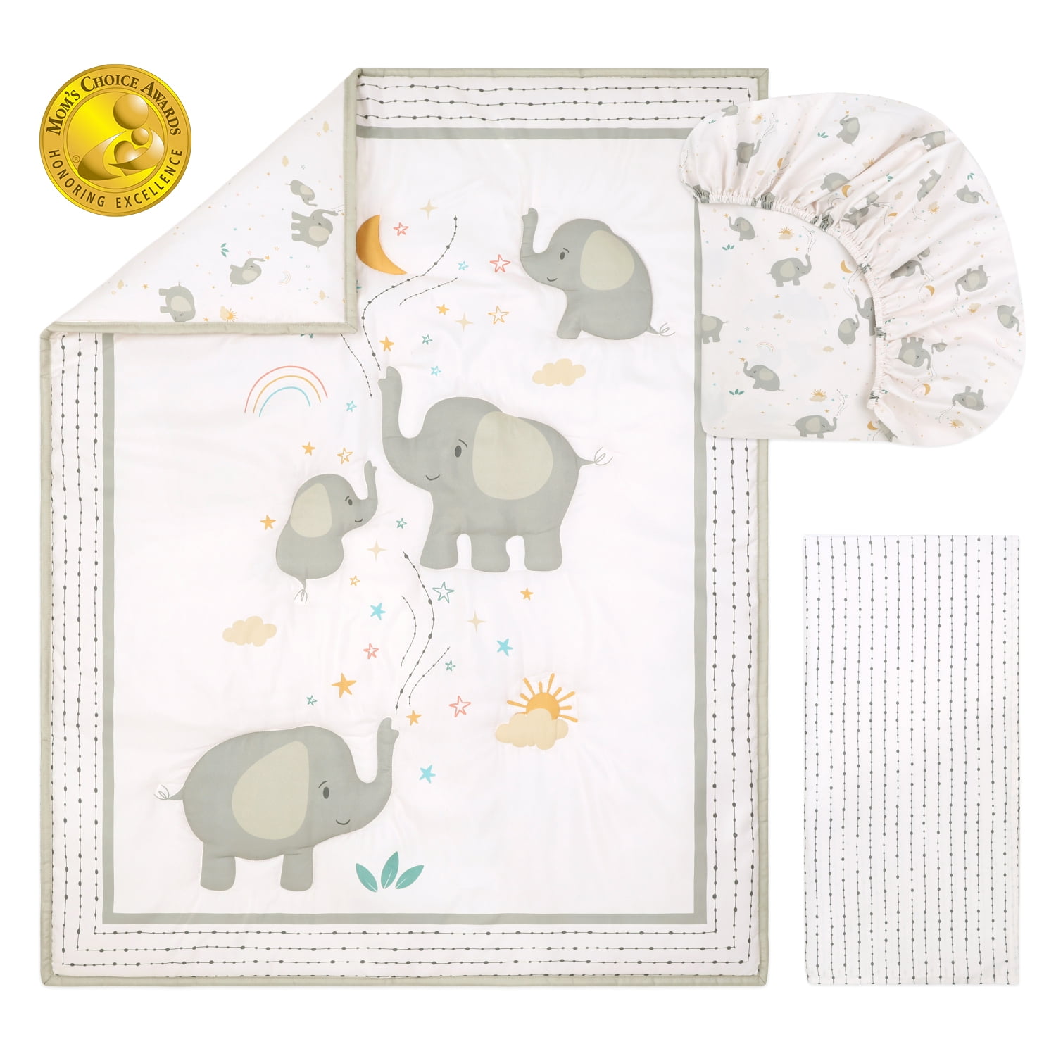 The Peanutshell Elephant Whimsy 3-Piece Baby Crib Bedding Set with Quilt Blanket, Crib Sheet, and Skirt