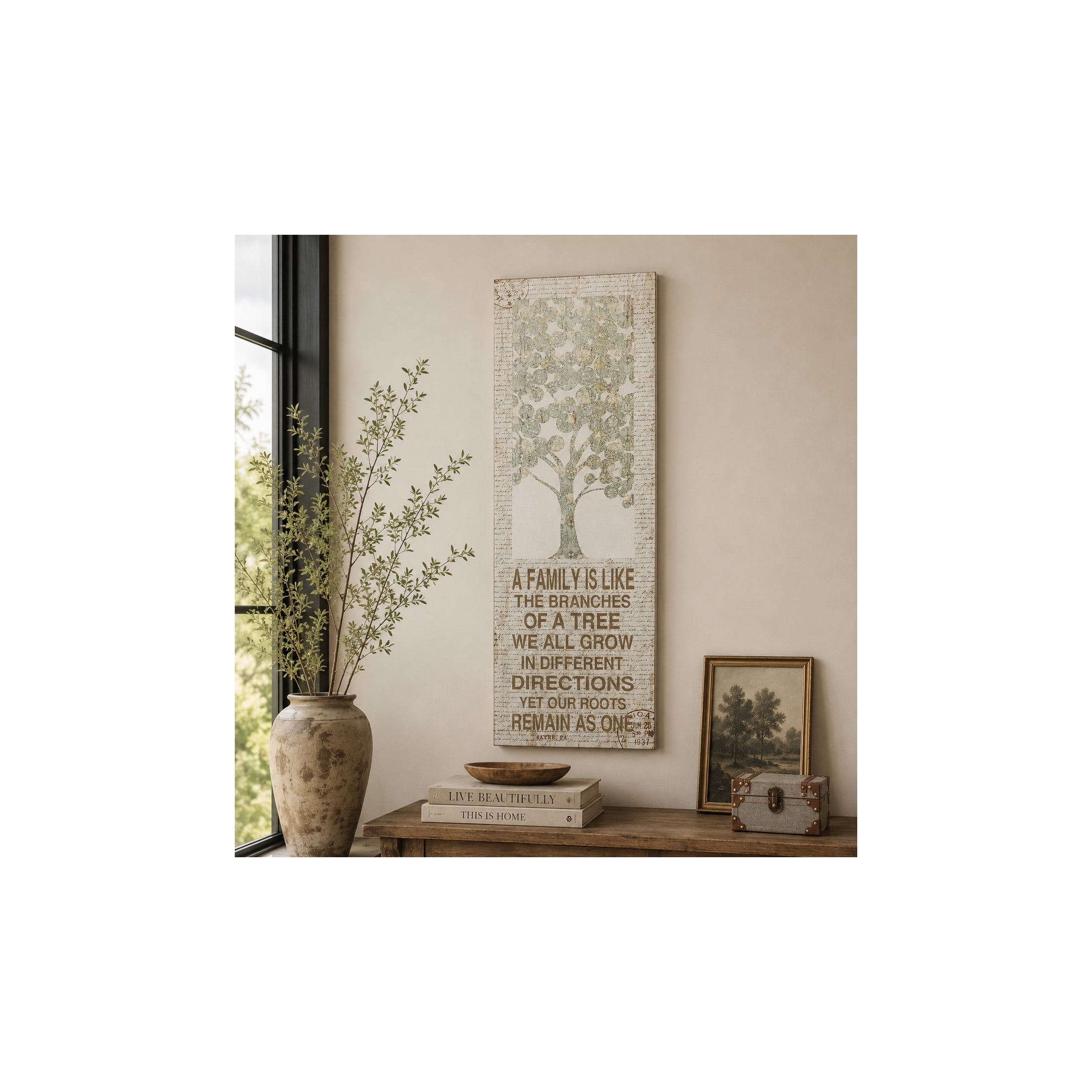 DecMode Farmhouse Wood Tree and Inspirational Quotes Designed Wall Décor with Glossy Beige Finish, 12"W x 36"H