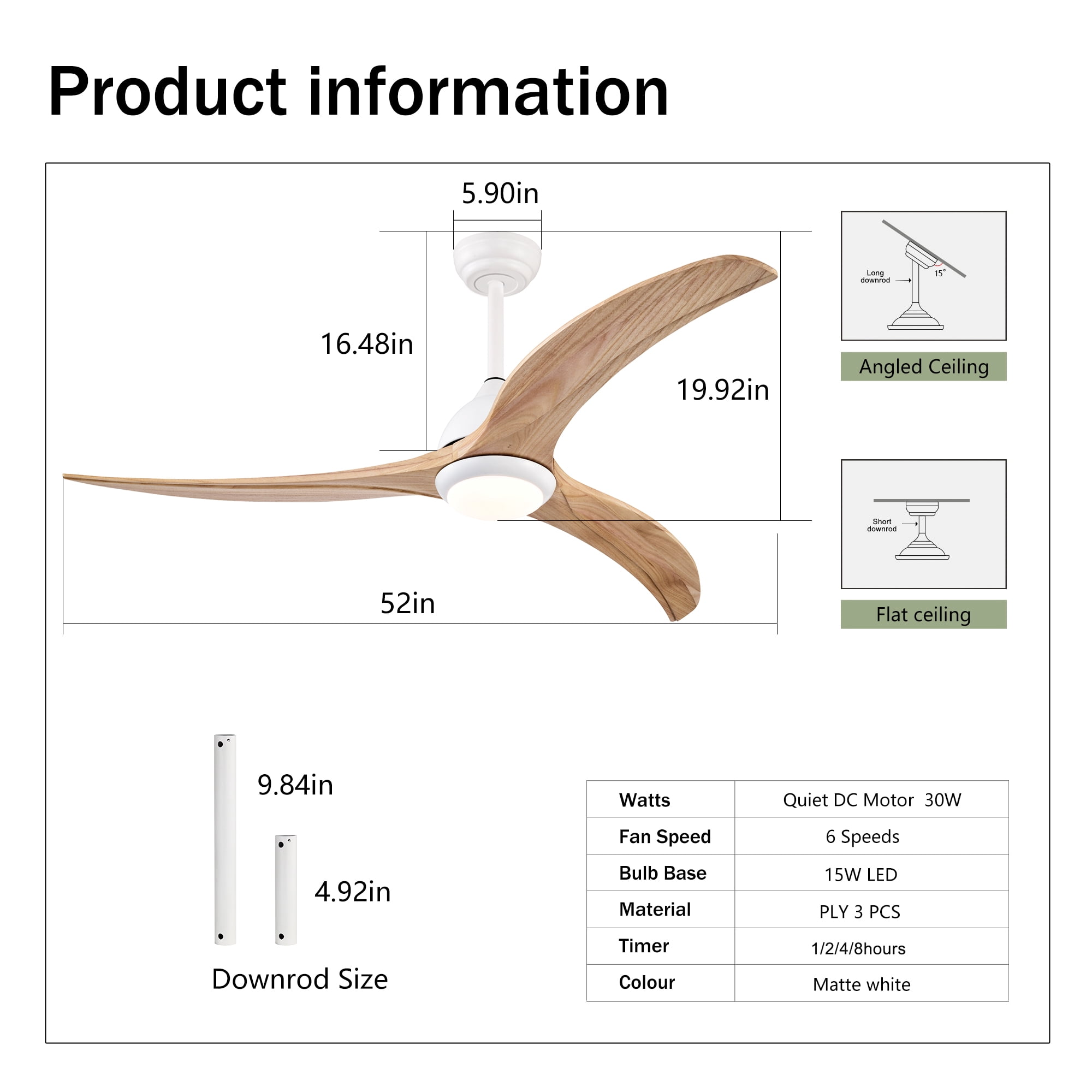 Ceiling Fan with Light, 52 Inch Reversible Noiseless Fan for Home Indoor Living Bedroom, Matte White Natural Wood