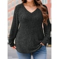 thumbnail image 2 of FlorCurve Plus Size Sweaters for Women V Neck Long Sleeve Pullover Sweaters Casual Solid Tunic Tops, Black XL, 2 of 6