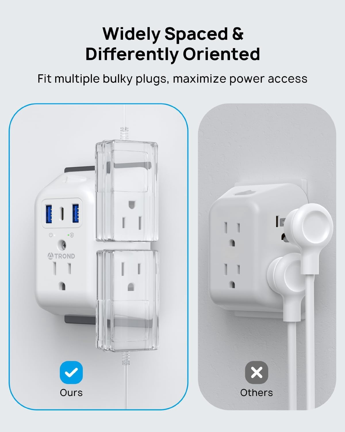 Surge Protector Outlet Extender - 5 Outlet Splitter with 3 USB Ports (1 USB C), Multi Plug Expander with ON/Off Switch, 3 Sided Multiple Wall Plug Power Strip for Home Travel Office
