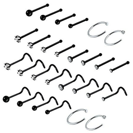 BodyJ4You 28PC Nose Screw Bone Studs 20G Stainless Steel Black Hoop Rings Piercing Jewelry (Best Nose Piercing Cleaning Solution)