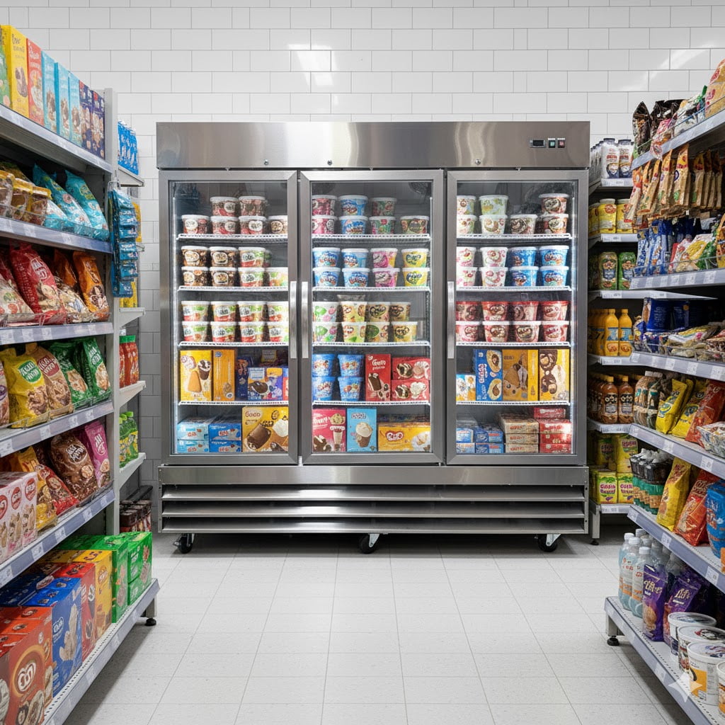 80” NSF Certified 3-Glass-Door Commercial Freezer | Stainless Steel | Bottom-Mount Compressor | –8°F to 0°F | LED Interior Lighting | R290 Eco Refrigerant | ETL & NSF Certified