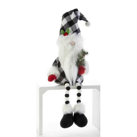 Black and White Plaid Pompom Dangle Leg Santa Figurine 23.5 Inches Tall