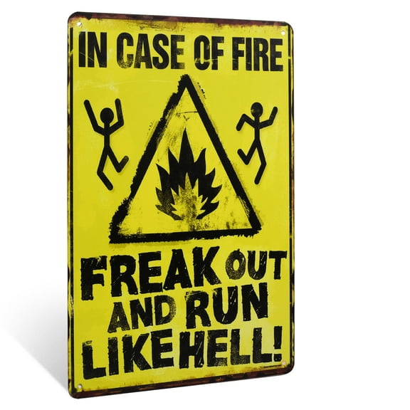 Funny In Case of Fire Freak Out & Run Like Hell Metal Warning Sign Novelty Caution Garage Man Cave Decor