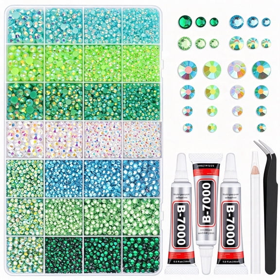 BZCOE 20000Pcs Green Rhinestones for Bedazzling Kit with 3Pcs B7000 Jewelry Glue | Resin Rhinestones for Crafting Crafts，Bedazzler Kit Flatback Gems for Clothing Shoes Tumblers Nail Art