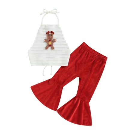 

Qtinghua 2Pcs Toddler Baby Girl Christmas Outfits Sleeveless Gingerbread Man Halter Tops+Flare Pants Clothes Red 9-12 Months