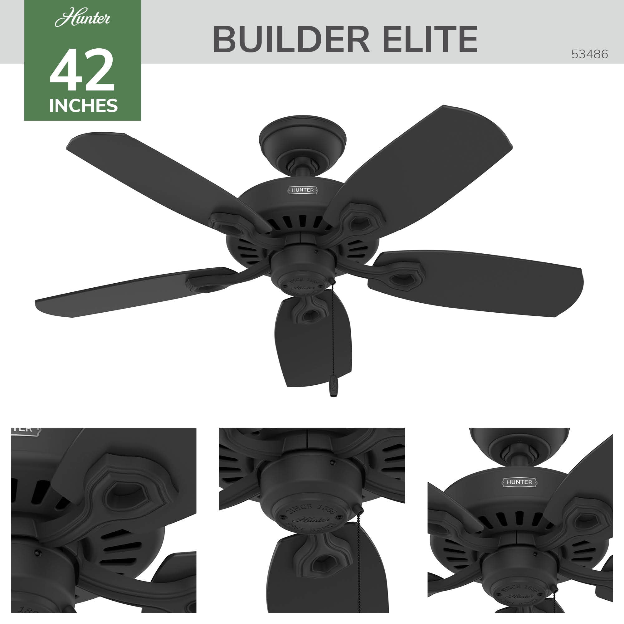 Hunter 42 inch Builder Elite Matte Black Ceiling Fan and Pull Chain