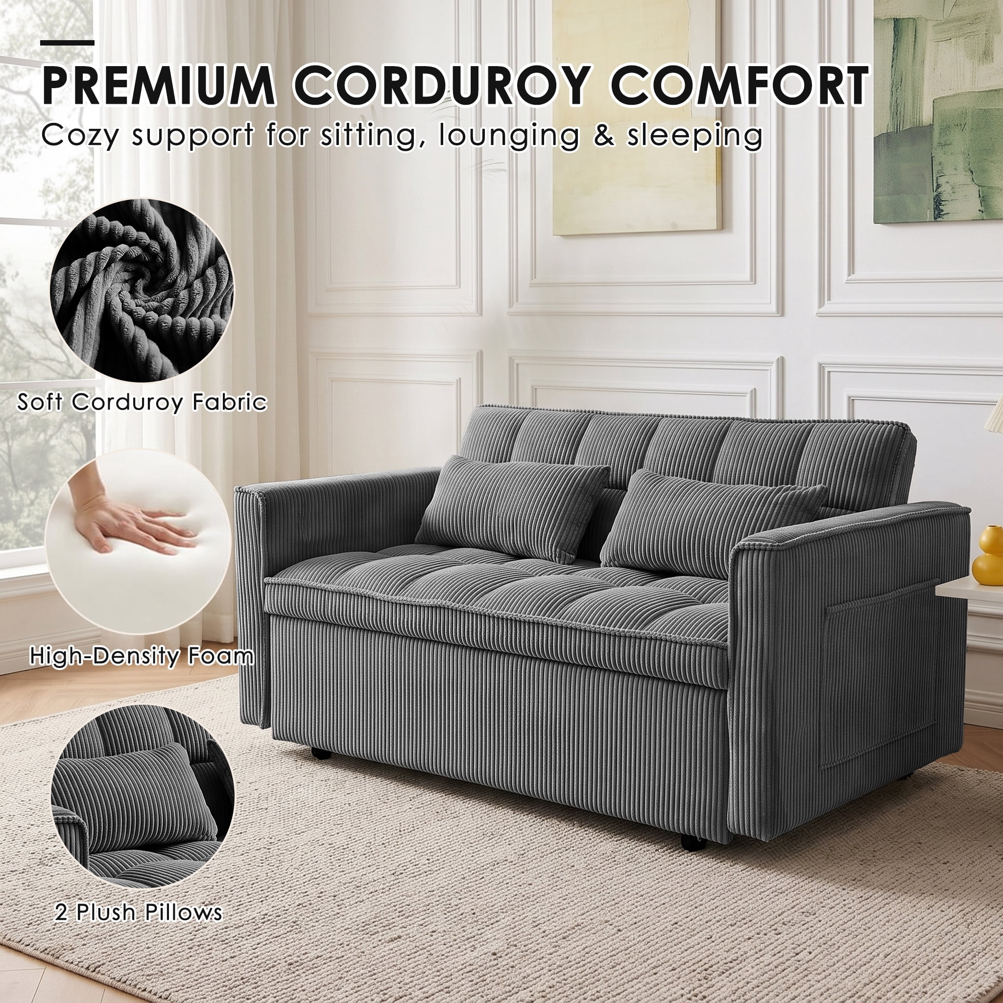 AISWORD Sleeper Sofa Bed, 3-in-1 Convertible Pull Out Couch with Adjustable Backrest for Living Room, Loveseat Sofa Bed with Side Pockets, Dark Gray
