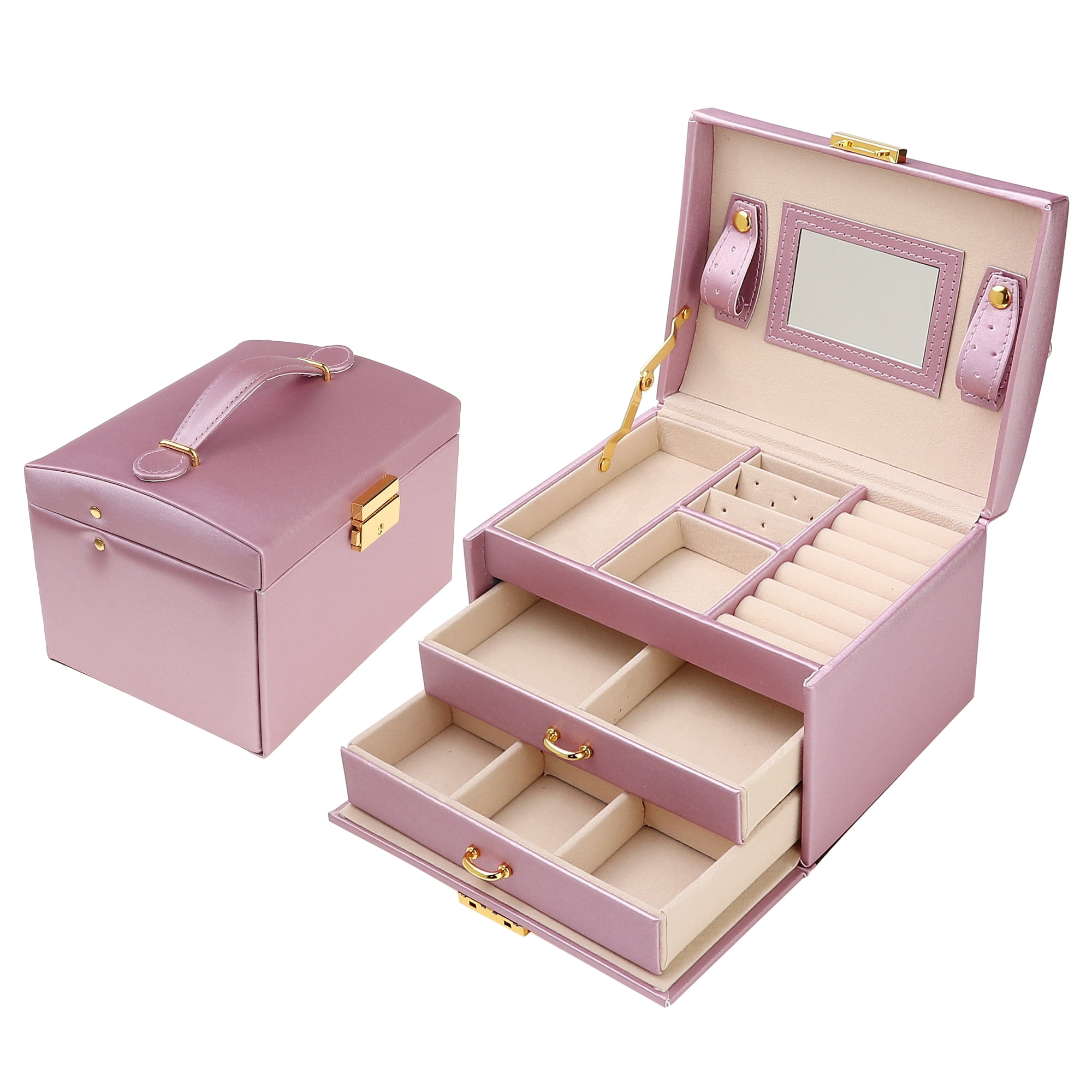 Unique Bargains 3 Layer Jewelry Box with Mirror for Women PU Leather Jewelry Organizer Purple