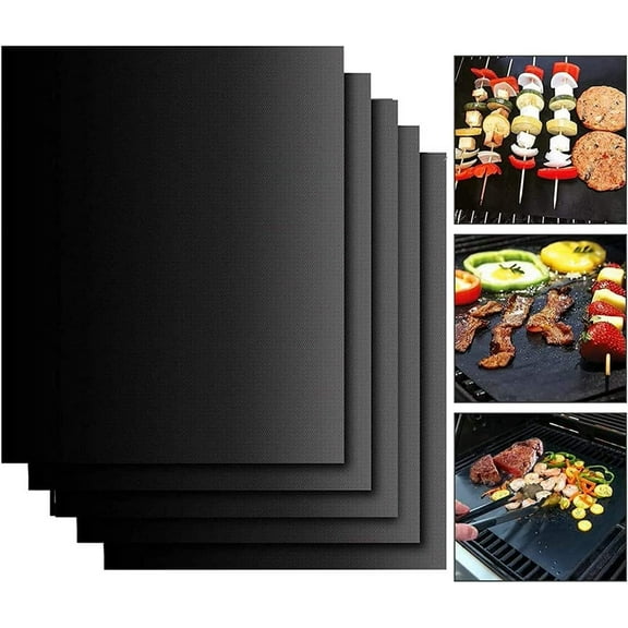 Grill Mat Set of 5 - 100% Non-Stick BBQ Grill Mats,Durable,Reusable, and Easy to Clean - Works on Electric Grill Gas Charcoal BBQ - 15.75 x 13-Inch,Black