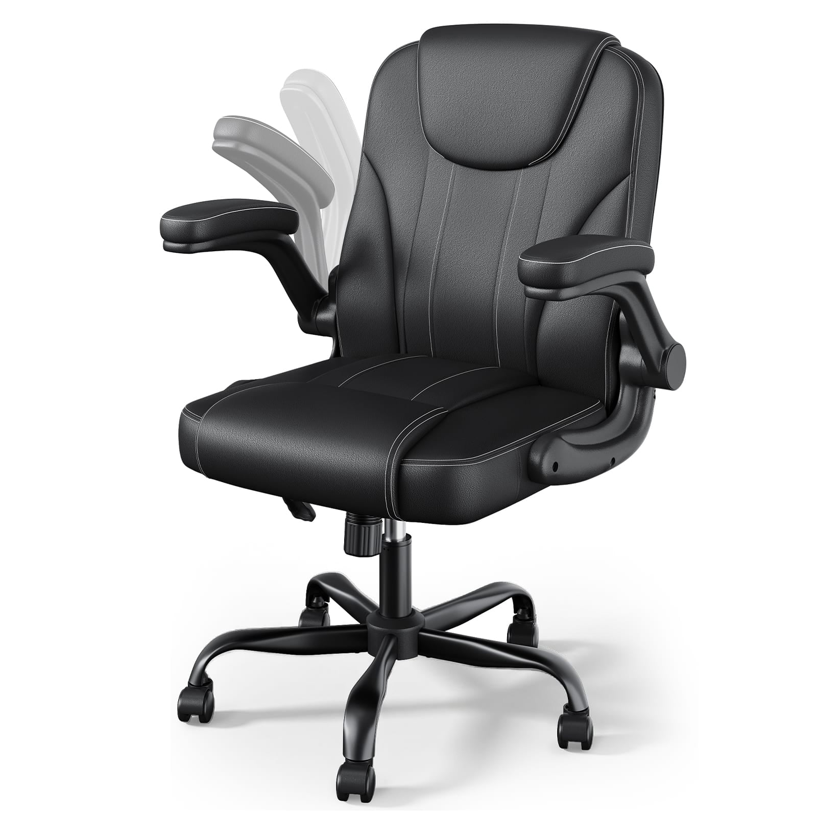Pinmoco Ergonomic PU Leather Office Chair, High Back Executive Computer Desk Chair with Double-Layer Cushion, Swivel Gaming Chair with Wheels and Flip-Up Armrests, Black