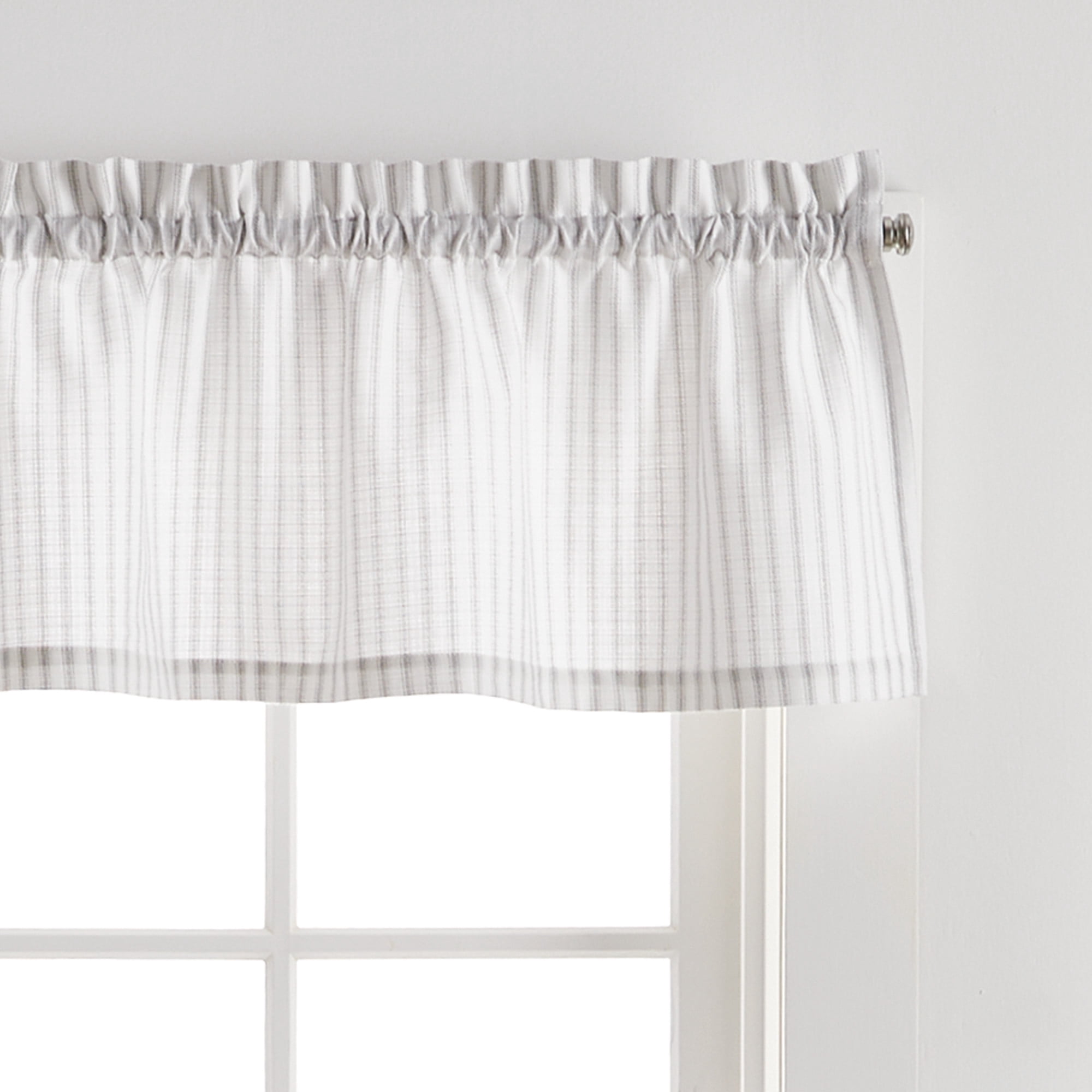 Martha Stewart Ticking Stripe 3 Piece Valance & Tier Set, White/Grey, Rod Pocket, Indoor, Adult, 56" x 36"