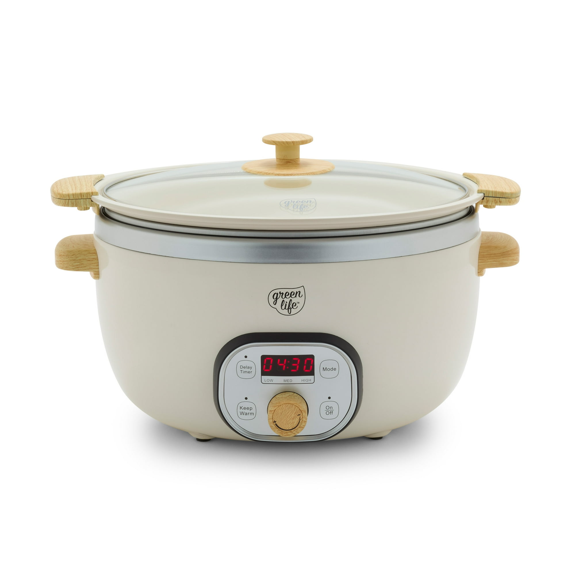 GreenLife 6 Quart Non Stick Family Meal Slow Cooker with Removable Pot, Cream