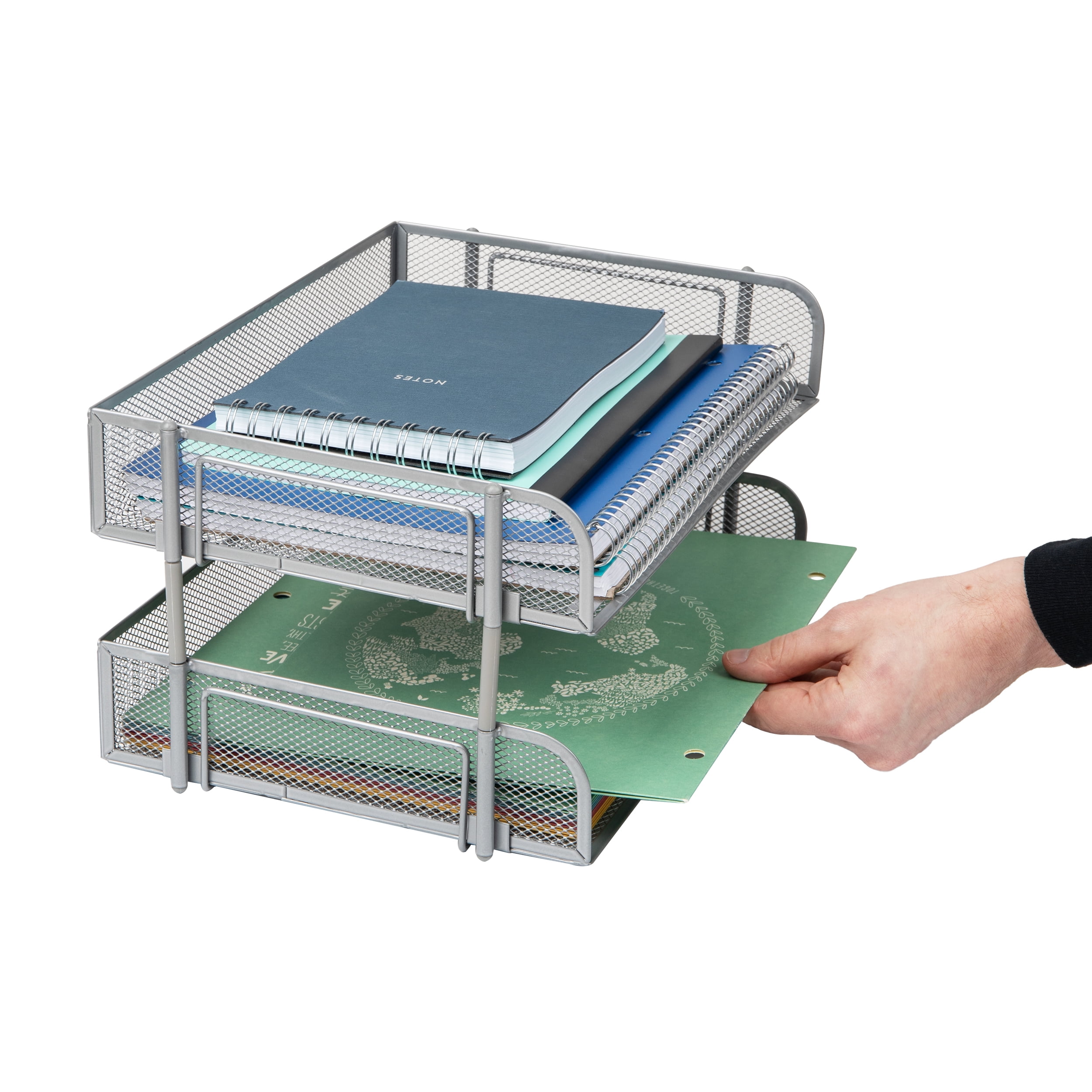 Mind Reader 2-Pack Stackable Metal Mesh File Holder Trays, Document Holder, Desktop File Organizer, Silver
