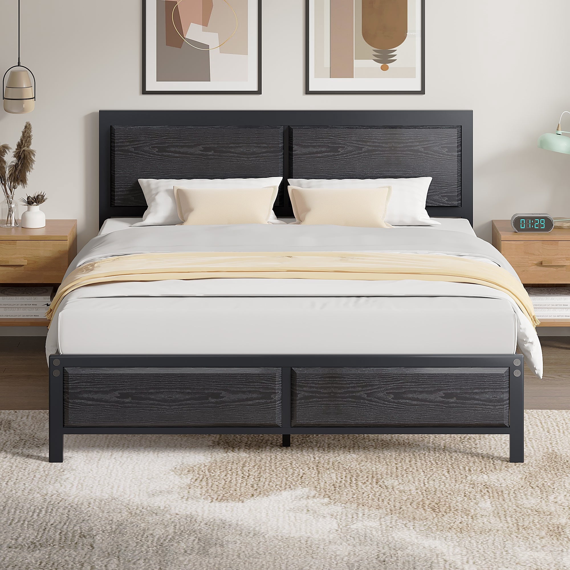 VECELO Queen Metal Bed Frame with Wooden Headboard and Footboard, Heavy Duty Slat Supprt, No Box Spring Needed, Easy Assembly, Black