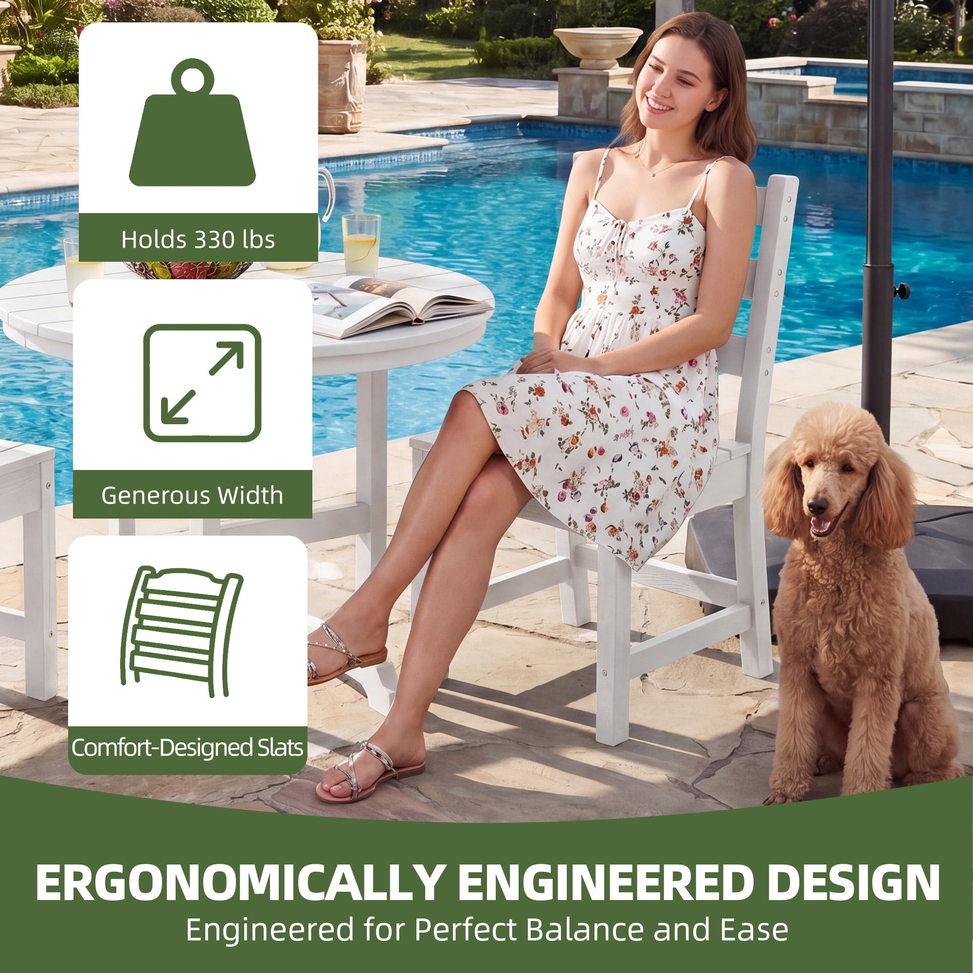 Uforic 4 Pack Outdoor Dining Chairs, Heavy Duty HIPS Weather Resistant Patio Chairs, Wood Grain Texture Garden Backyard Poolside Chair, 330 LBS Weight Capacity, White