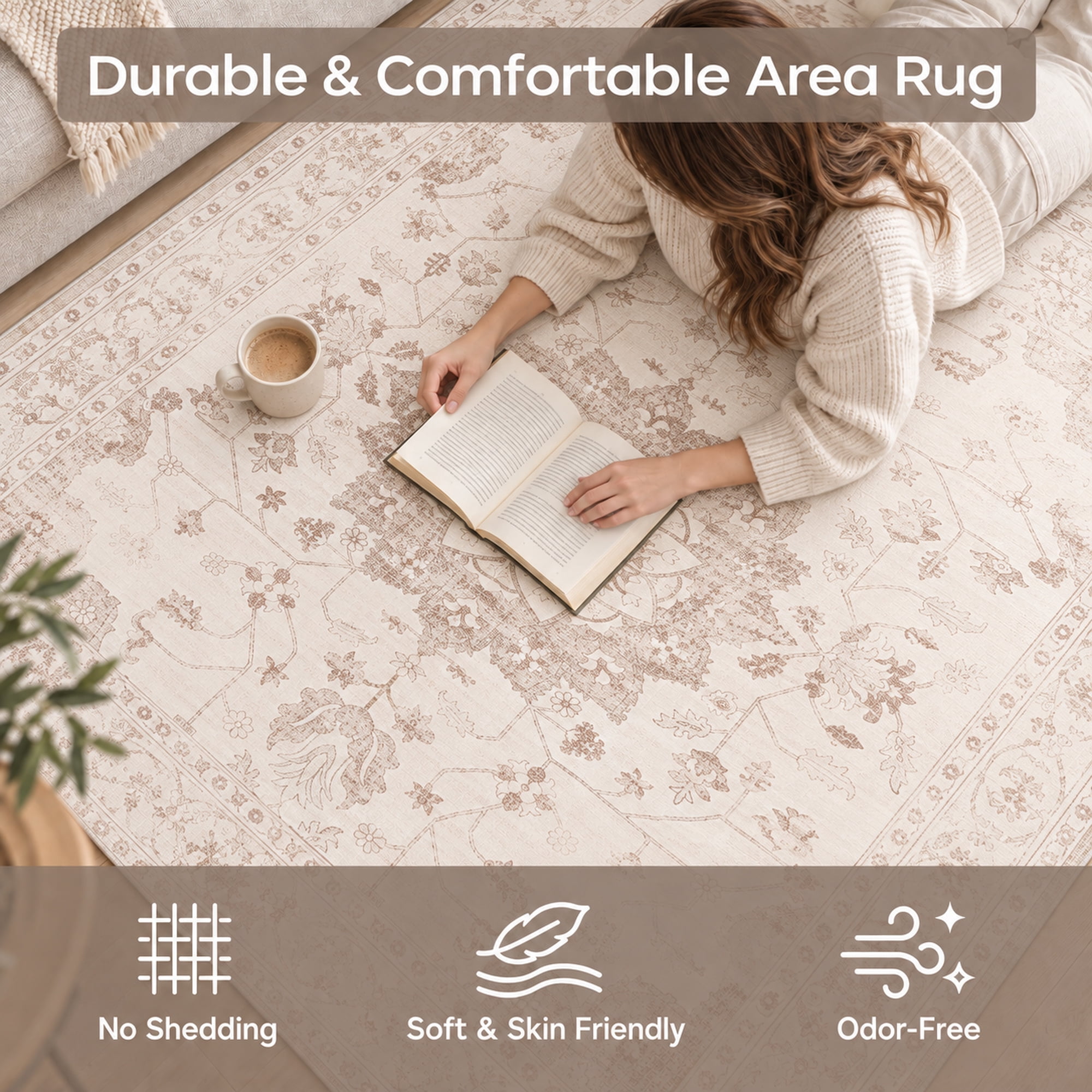 TrumanPick 9x12 Washable Rug, Vintage Distressed Medallion Rugs with Non-Slip & Stain Resistant, Large Beige Area Rug for Living Room Bedroom Dining Room