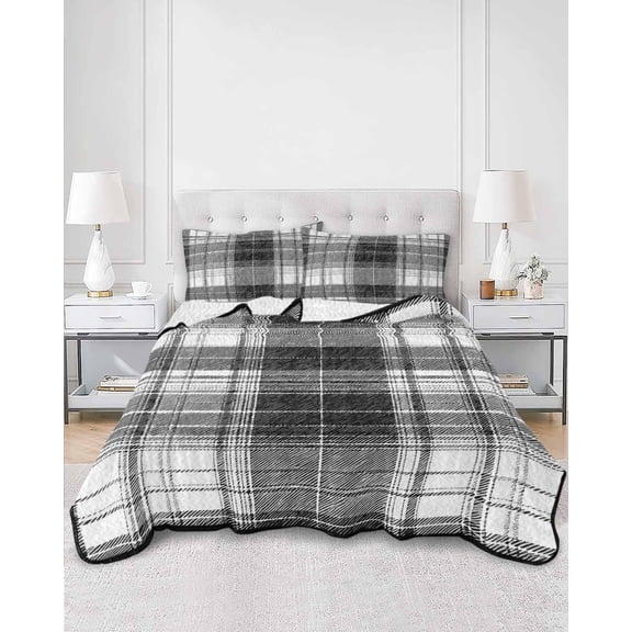 Quilts Twin Size, Black Buffalo Plaid Soft Comforter Bedding Set for Bed, Farmhouse Modern Checkered Lightweight Quilted Bedspread with Pillow Cover(2 Pieces) for All Season, 68x86 Inch